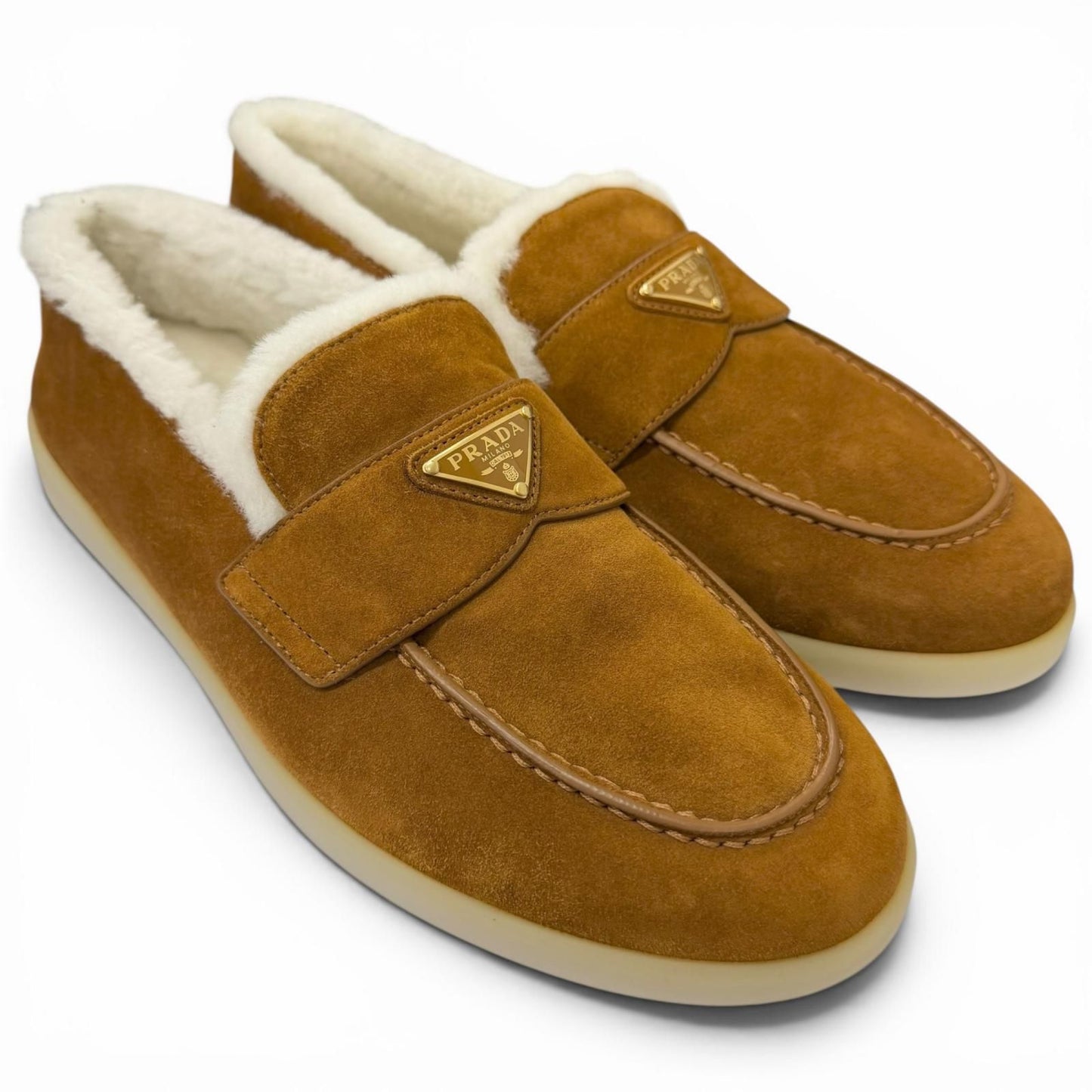 Prada Shearling Triangle Logo Plate Loafers Flat Shoes Brown 7 — view 3