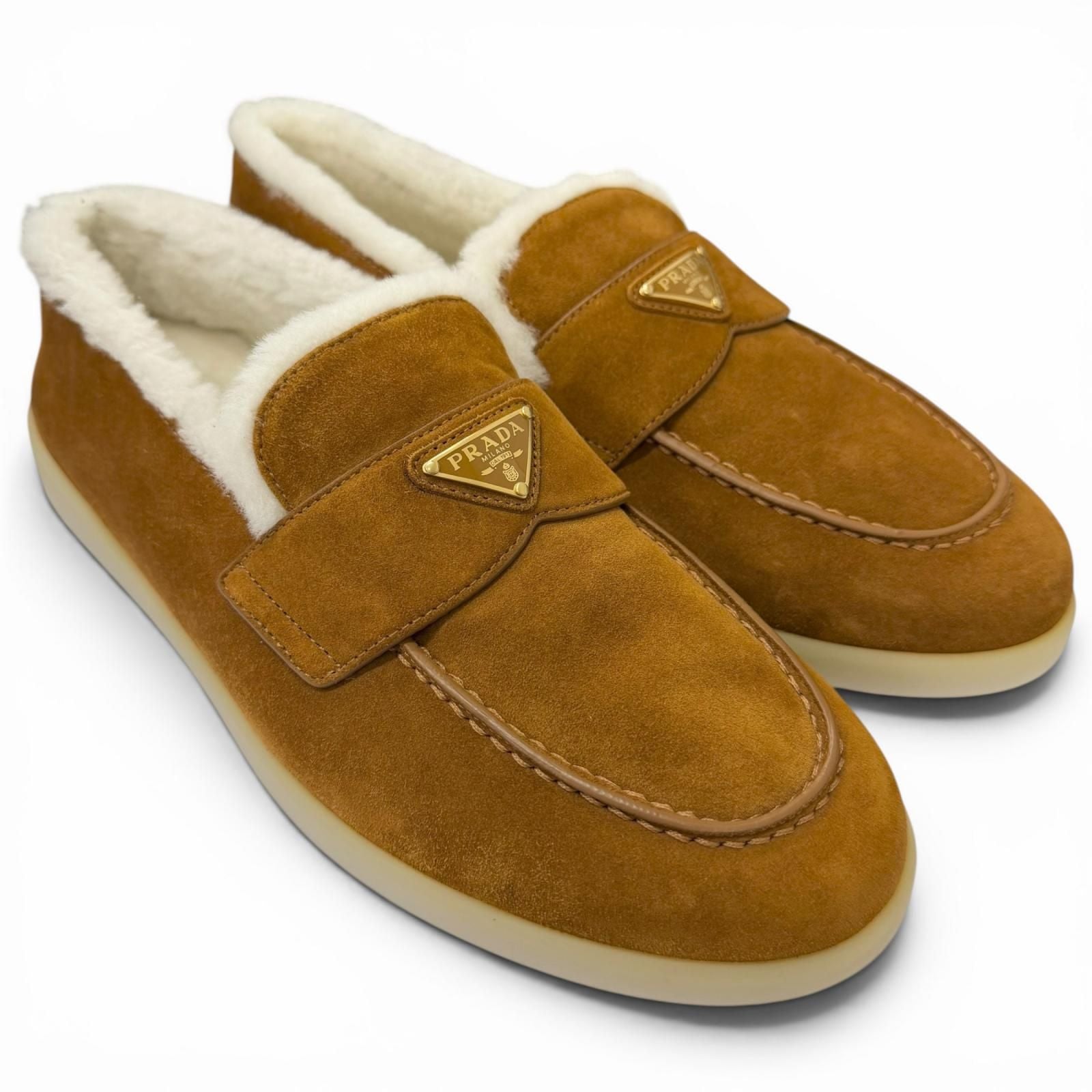 Prada Shearling Triangle Logo Plate Loafers Flat Shoes Brown 7 — view 3