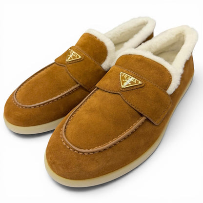 Prada Shearling Triangle Logo Plate Loafers Flat Shoes Brown 7