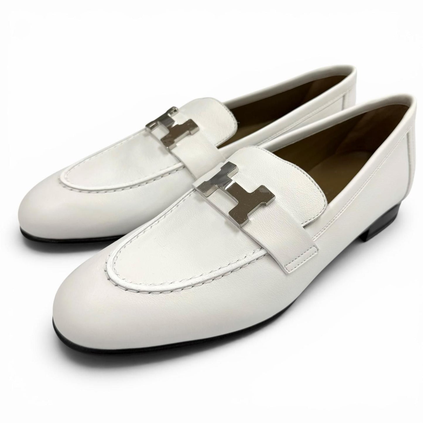 Hermes Moccasins Paris Silver Leather Loafers White