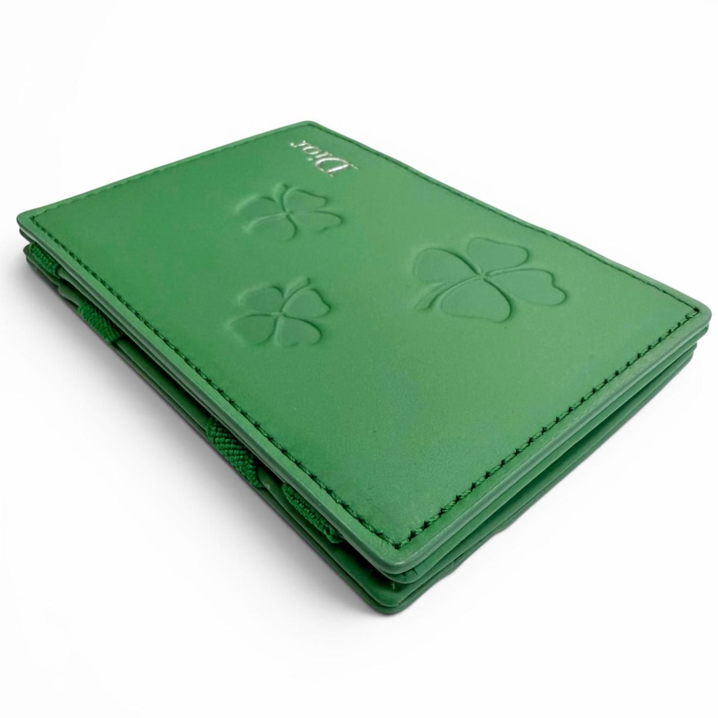 Dior Magic Wallet Calfskin Leather Clover Embossed Bifold Card Case Green — view 4