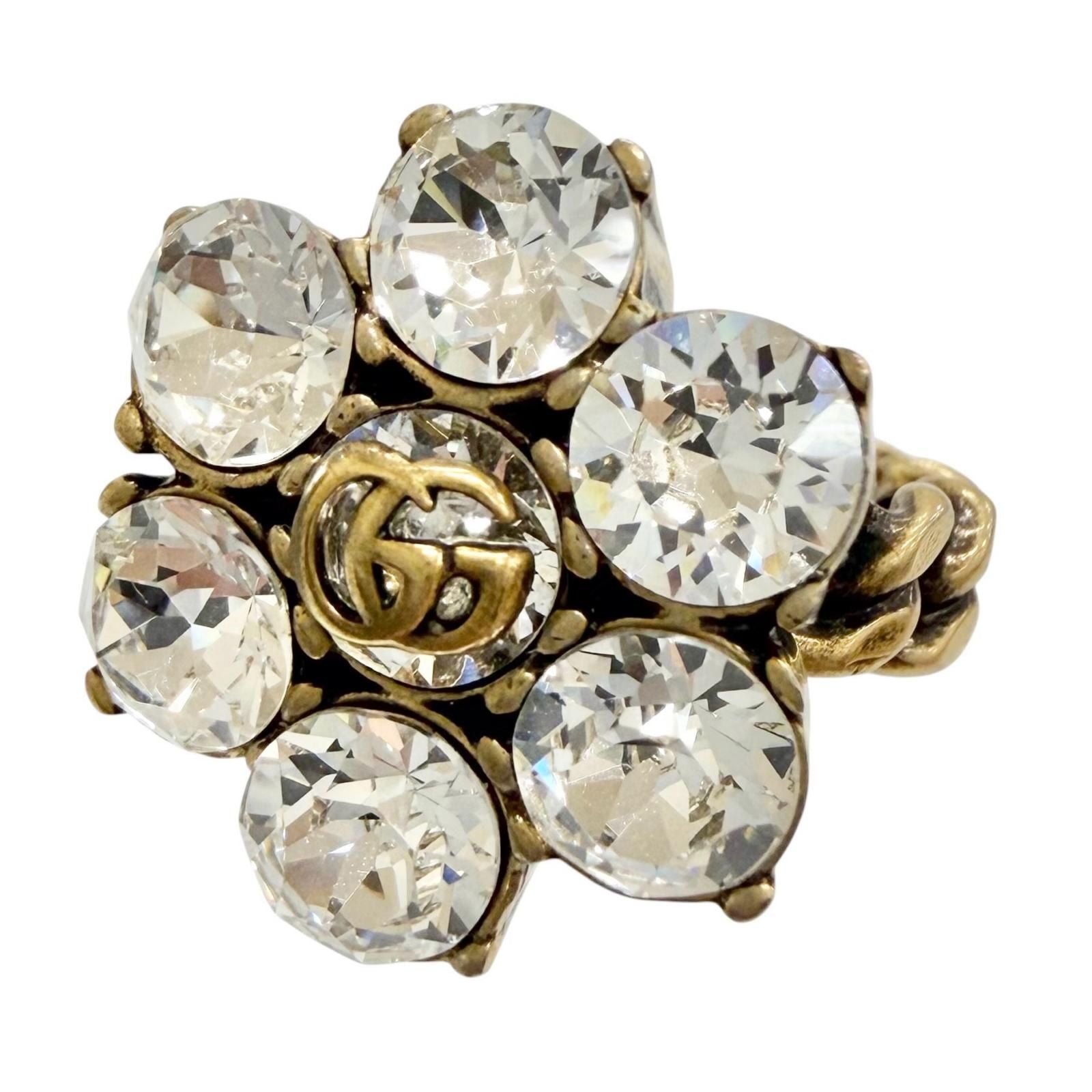 Gucci GG Marmont Flower Bijou Rhinestone Ring Gold