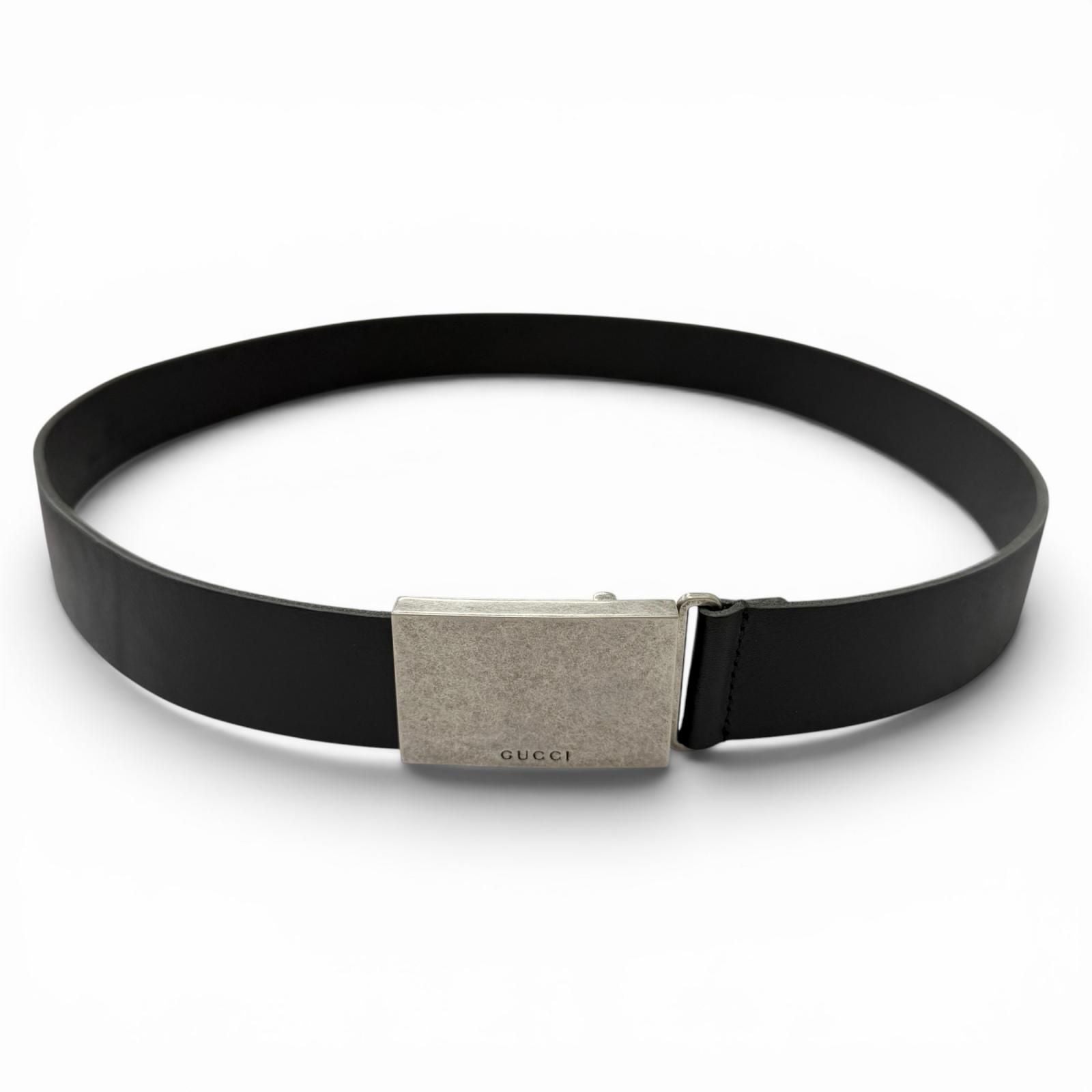 Gucci Logo Buckle Dull Finished Leather Belt Silver Black — view 2