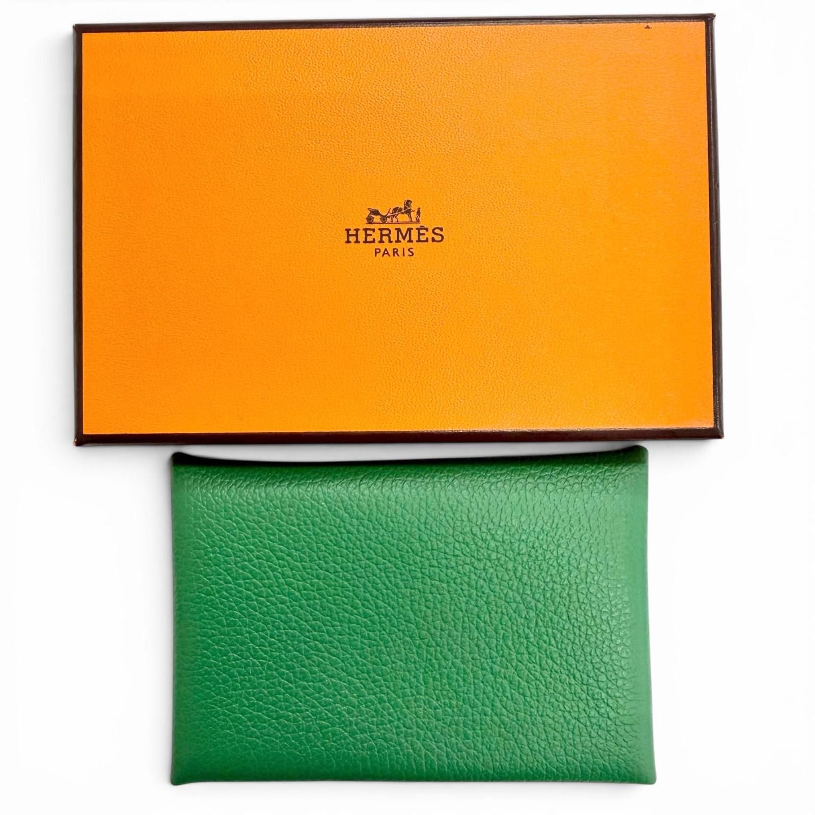 Hermes Calvi Veau Epsom Silver Business Card Case Green — view 2