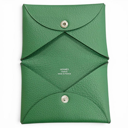 Hermes Calvi Veau Epsom Silver Business Card Case Green — view 6