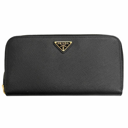 Prada Saffiano Leather Triangle Logo Zip Around Wallet Black Gold