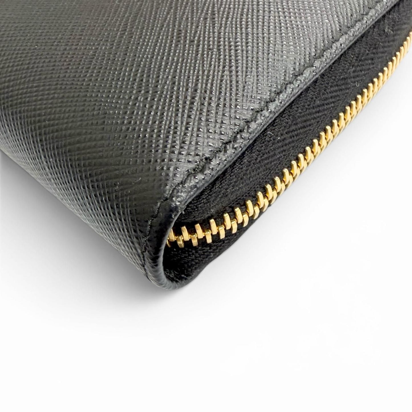 Prada Saffiano Leather Triangle Logo Zip Around Wallet Black Gold — view 4