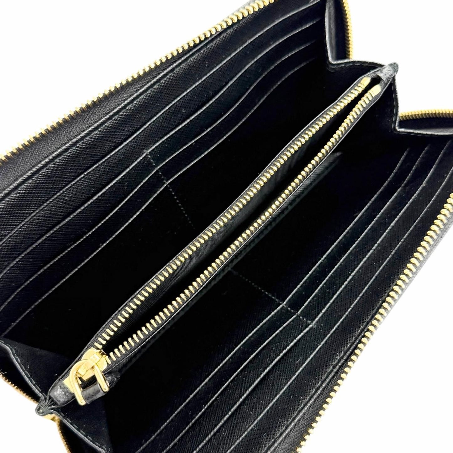 Prada Saffiano Leather Triangle Logo Zip Around Wallet Black Gold — view 5