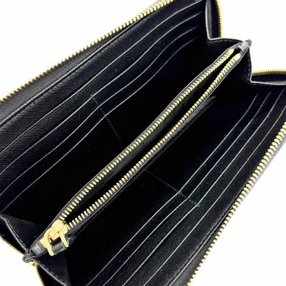 Prada Saffiano Leather Triangle Logo Zip Around Wallet Black Gold — view 5