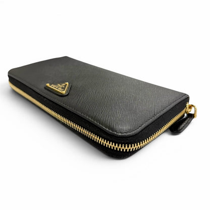 Prada Saffiano Leather Triangle Logo Zip Around Wallet Black Gold — view 3