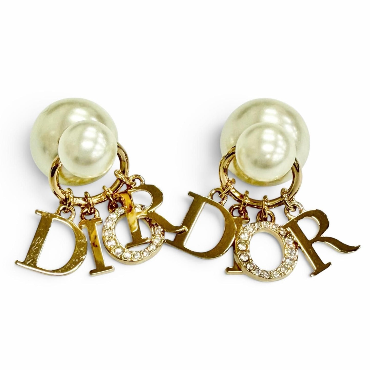 Dior Tribales Tribal Earrings for Both Ears Logo Resin Pearl Rhinestone Gold