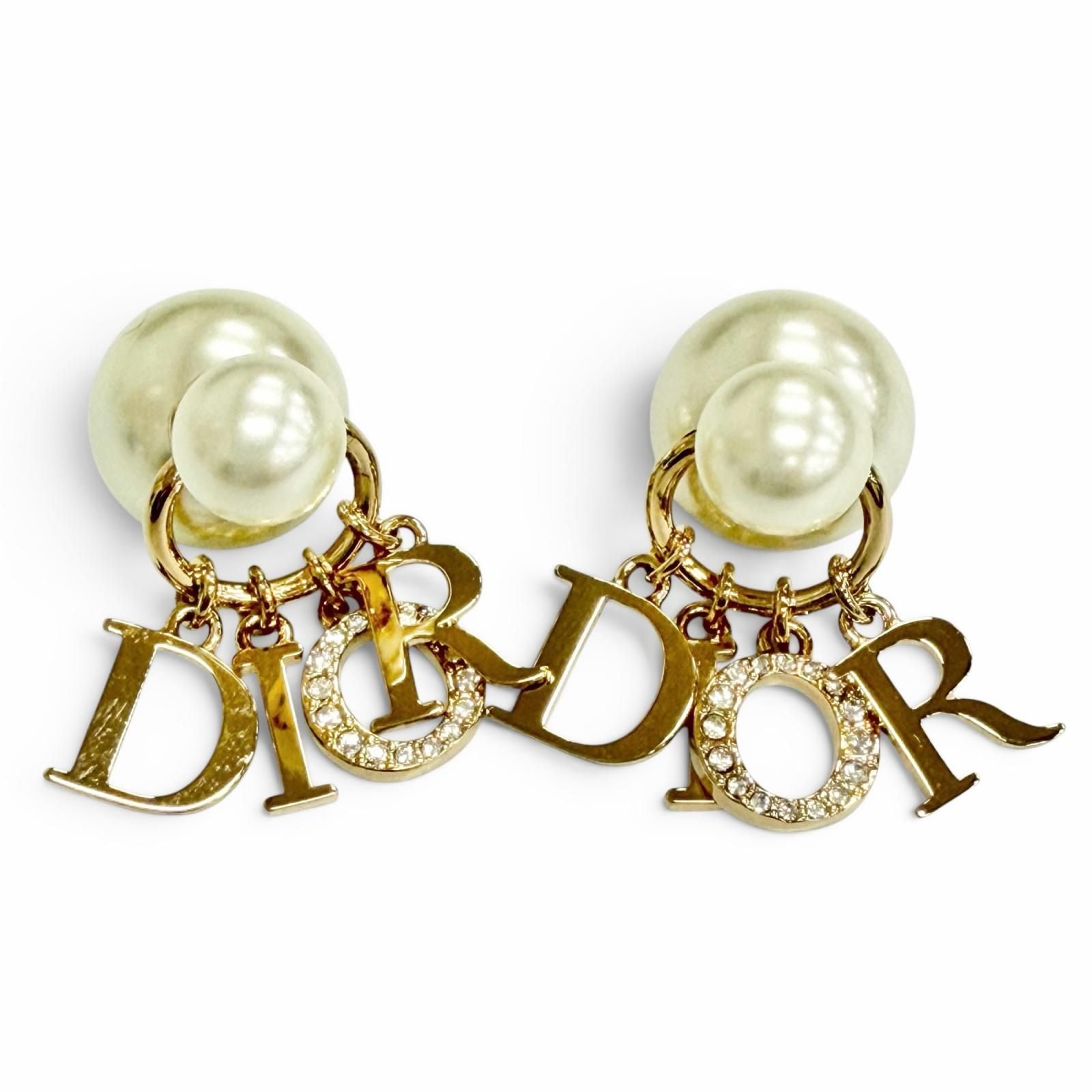Dior Tribales Tribal Earrings for Both Ears Logo Resin Pearl Rhinestone Gold