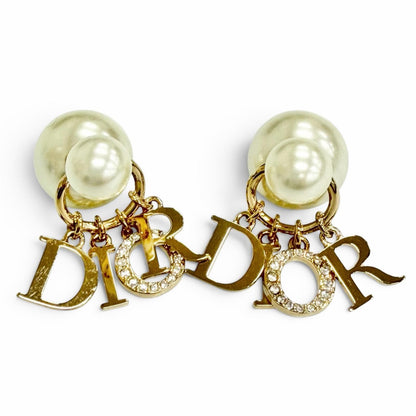 Dior Tribales Tribal Earrings for Both Ears Logo Resin Pearl Rhinestone Gold