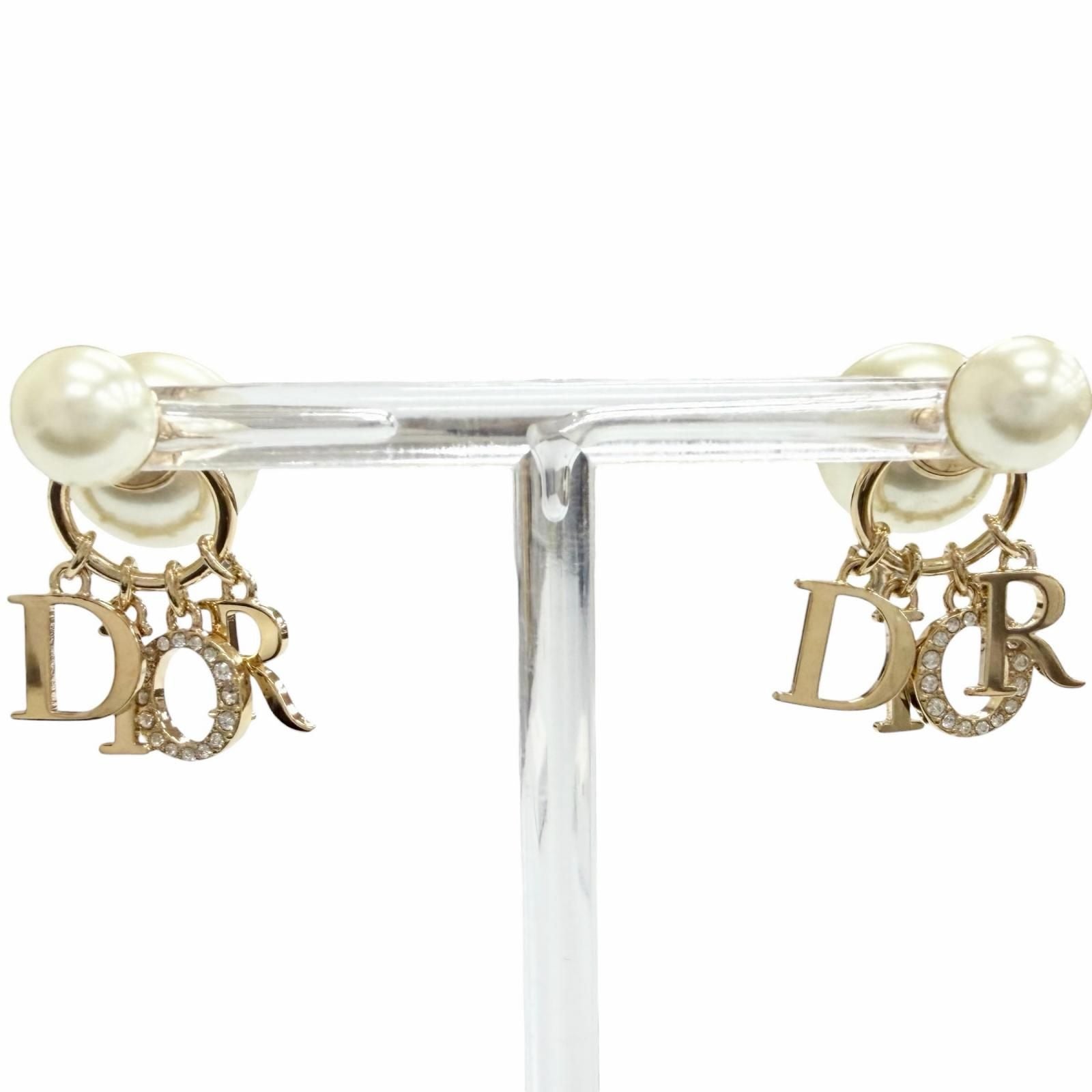 Dior Tribales Tribal Earrings for Both Ears Logo Resin Pearl Rhinestone Gold — view 3