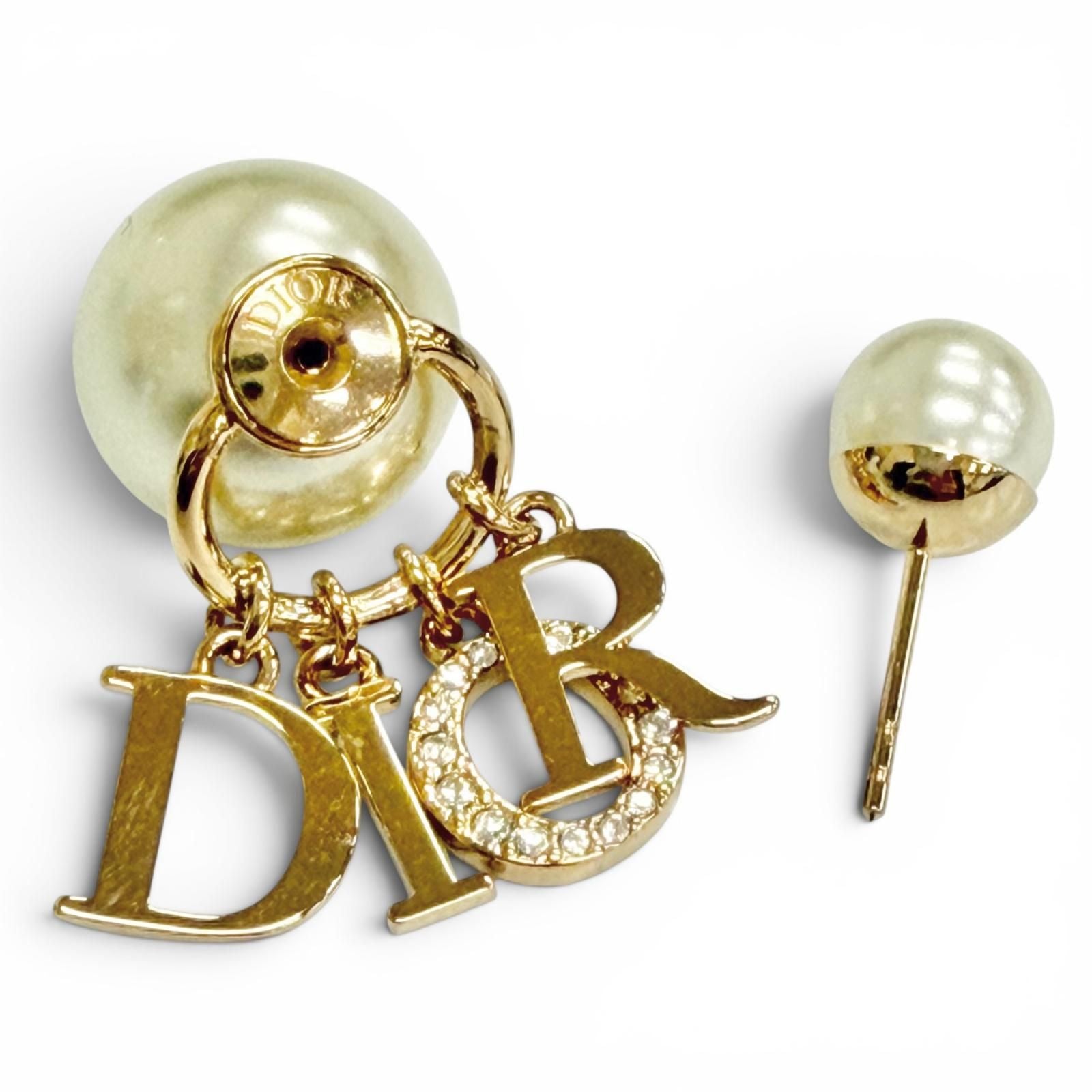 Dior Tribales Tribal Earrings for Both Ears Logo Resin Pearl Rhinestone Gold — view 6
