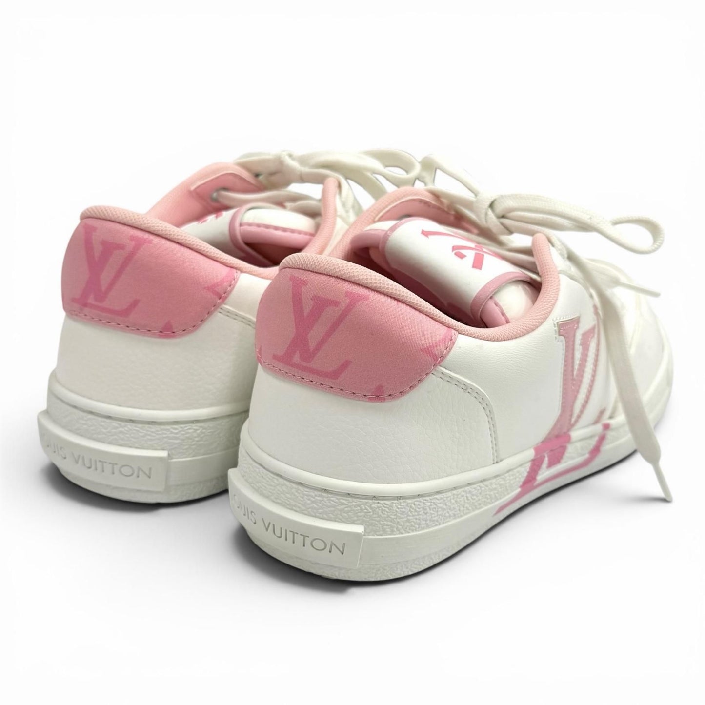 Louis Vuitton Charlie Line LV Logo Lace Up Leather Low Cut Sneakers White Pink — view 3