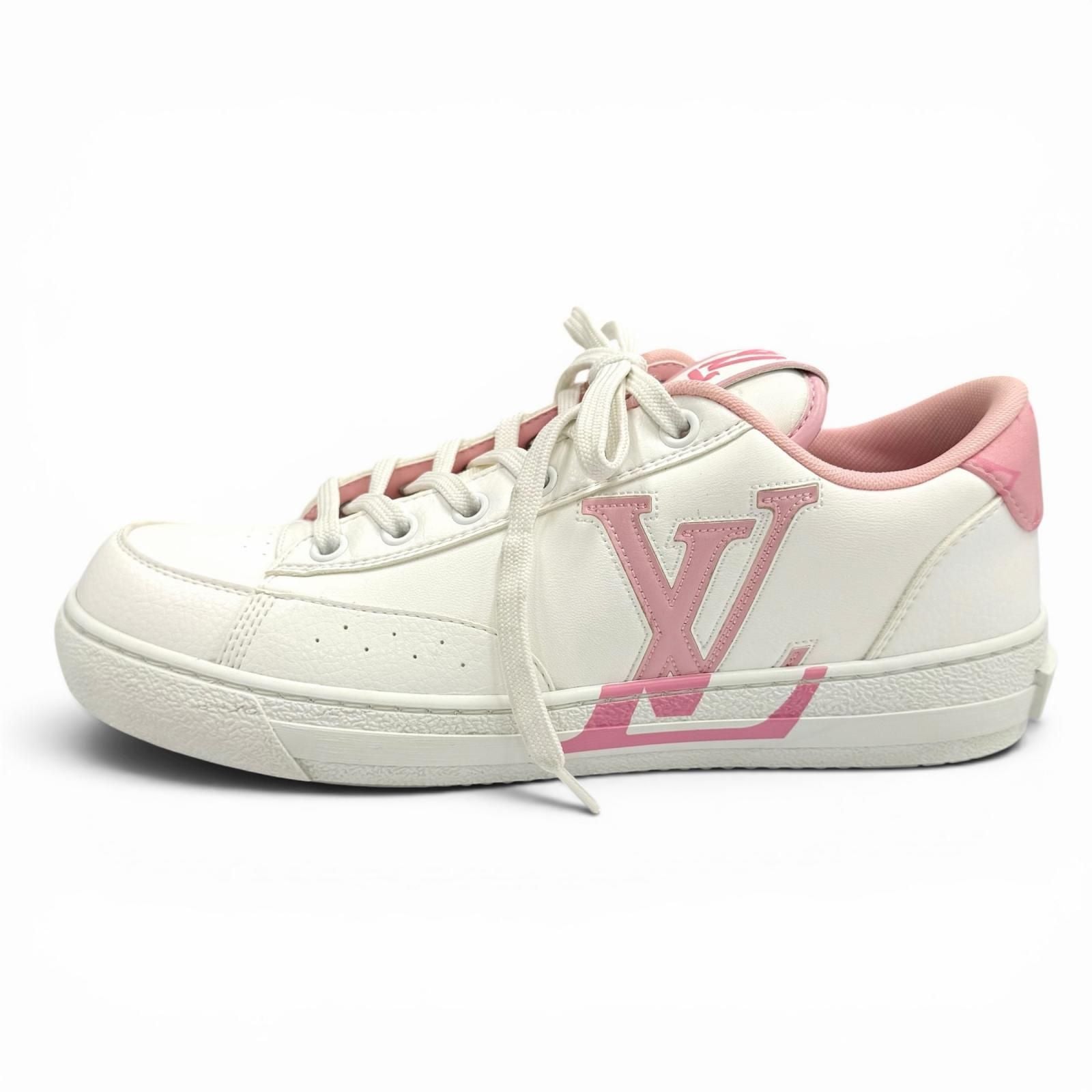 Louis Vuitton Charlie Line LV Logo Lace Up Leather Low Cut Sneakers White Pink — view 5