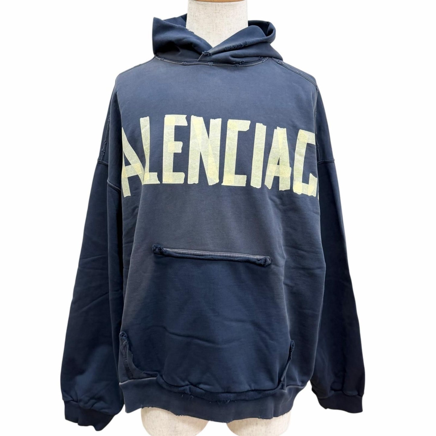 Balenciaga Cotton 100% Tape Logo Crushed Processing Pullover Hoodie Navy