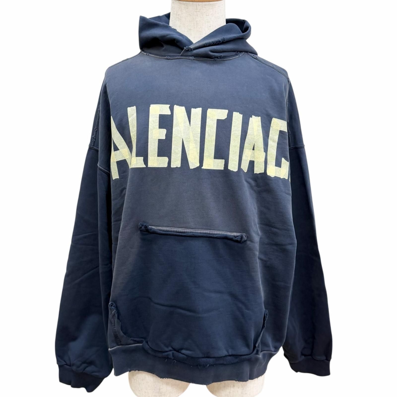 Balenciaga Cotton 100% Tape Logo Crushed Processing Pullover Hoodie Navy