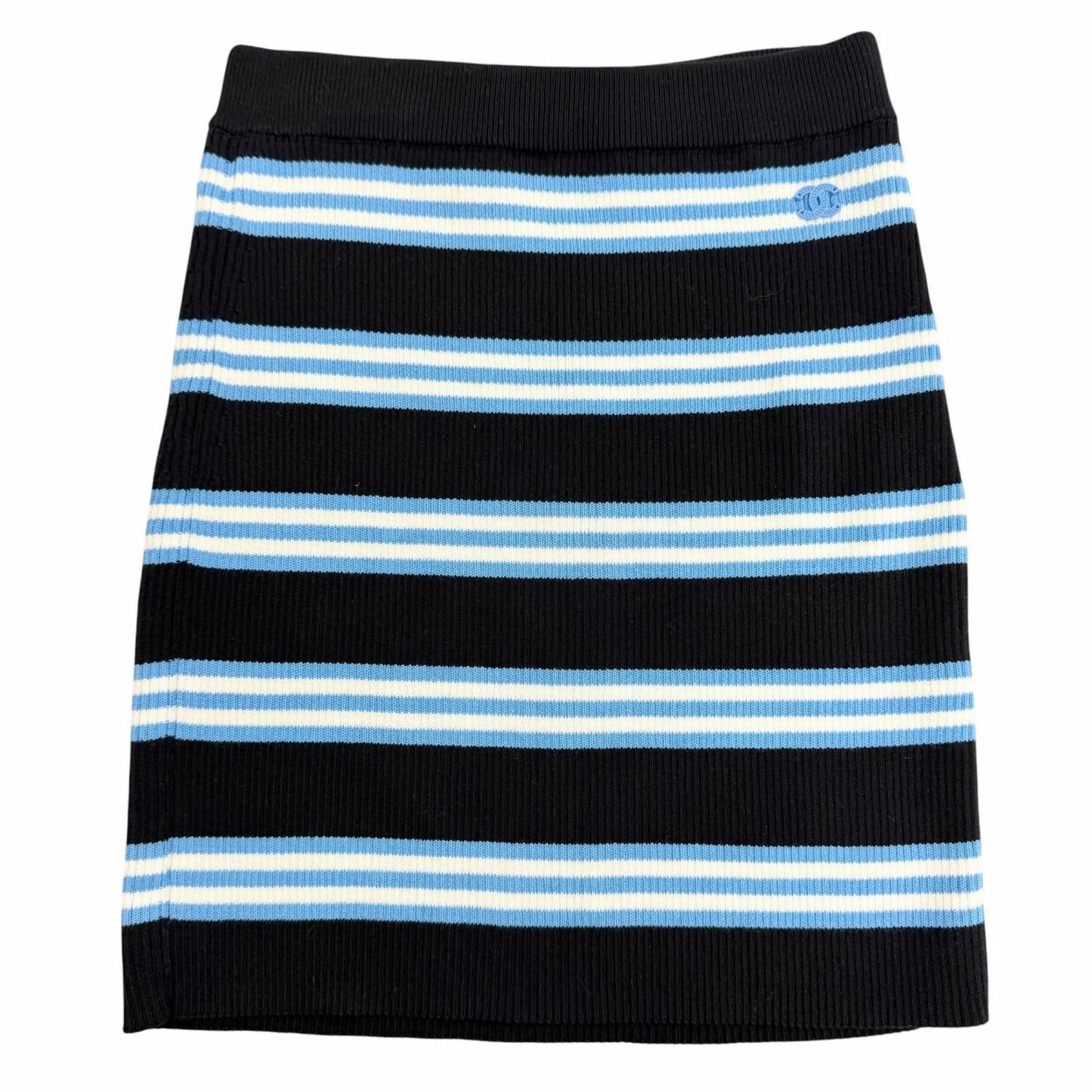 Chanel Cotton Cashmere CC Logo Multi Border Pattern Knit Skirt Mini Black Blue