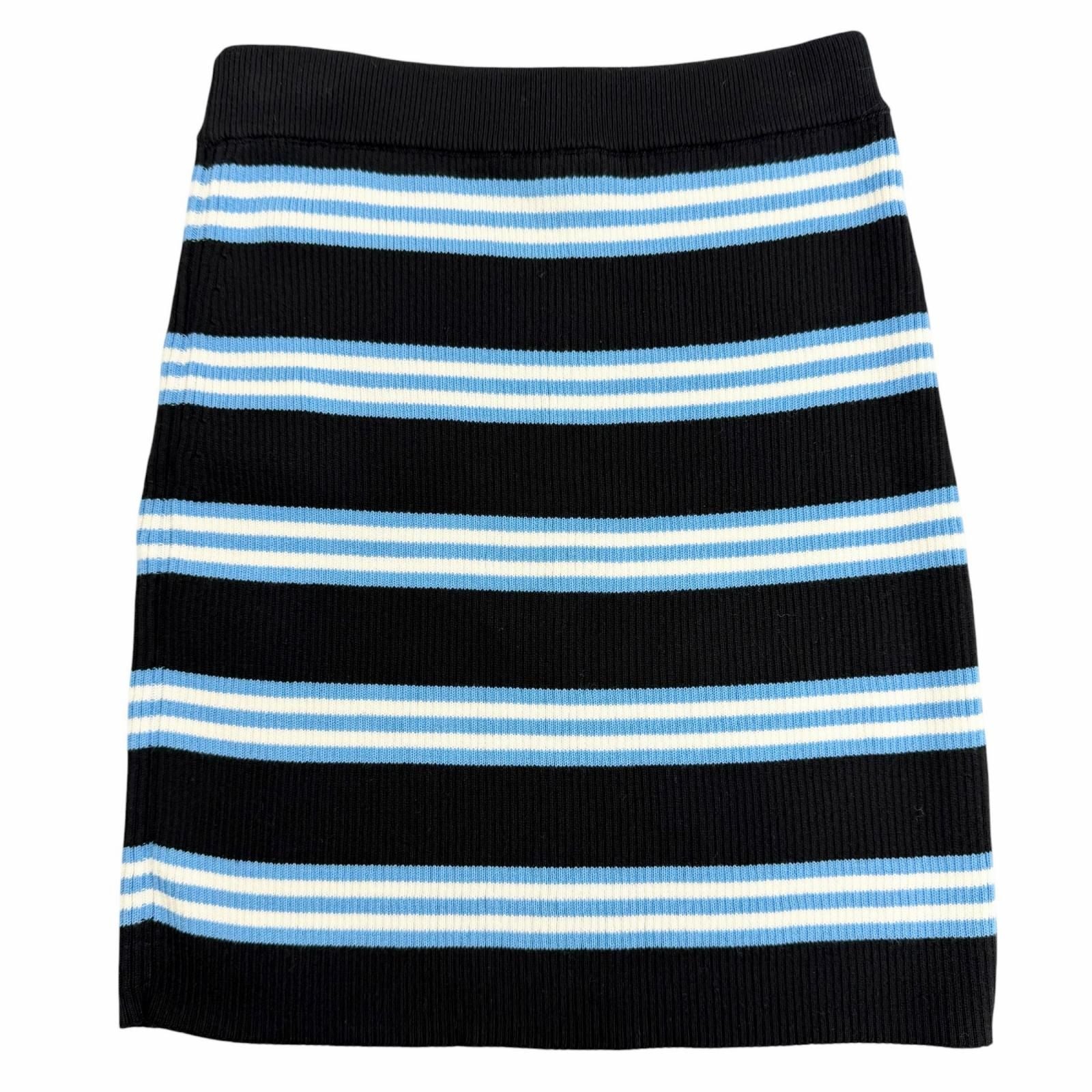 Chanel Cotton Cashmere CC Logo Multi Border Pattern Knit Skirt Mini Black Blue — view 2