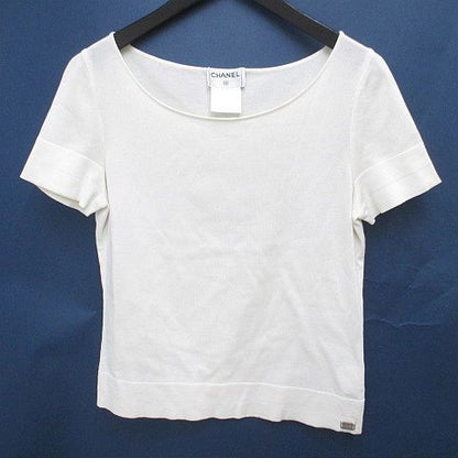 Chanel Short Sleeve Knit Sweater Top 38 White Logo Plate