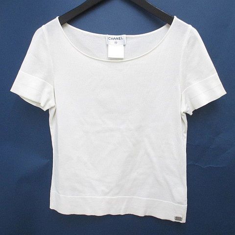 Chanel Short Sleeve Knit Sweater Top 38 White Logo Plate
