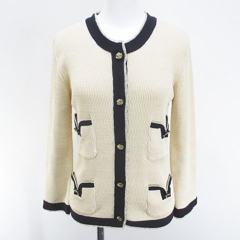 Chanel Long Sleeve Cardigan Knit CC Mark CC Logo Cashmere Silk 36 Beige Button
