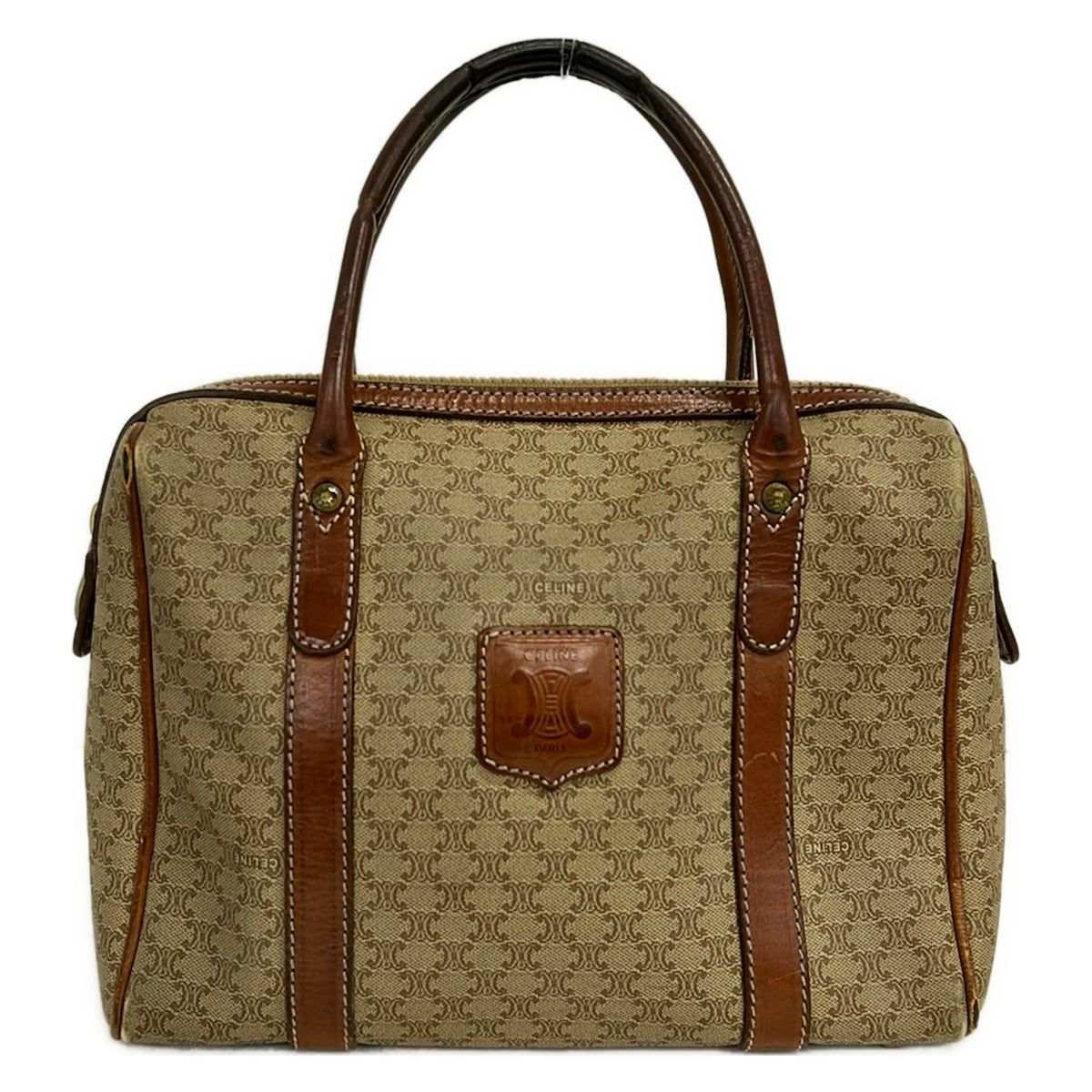 Celine Handbag Macadam Pattern Beige Brown Mini Boston Leather