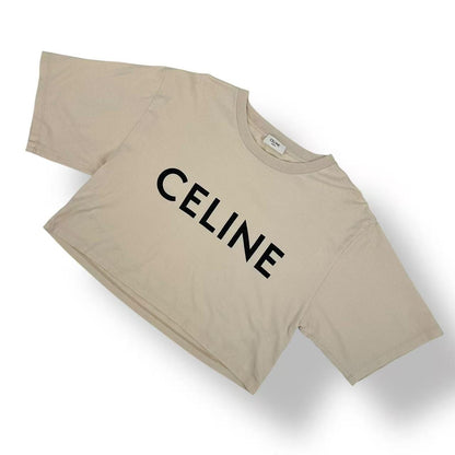 Celine Cotton Cropped Logo T-Shirt Beige