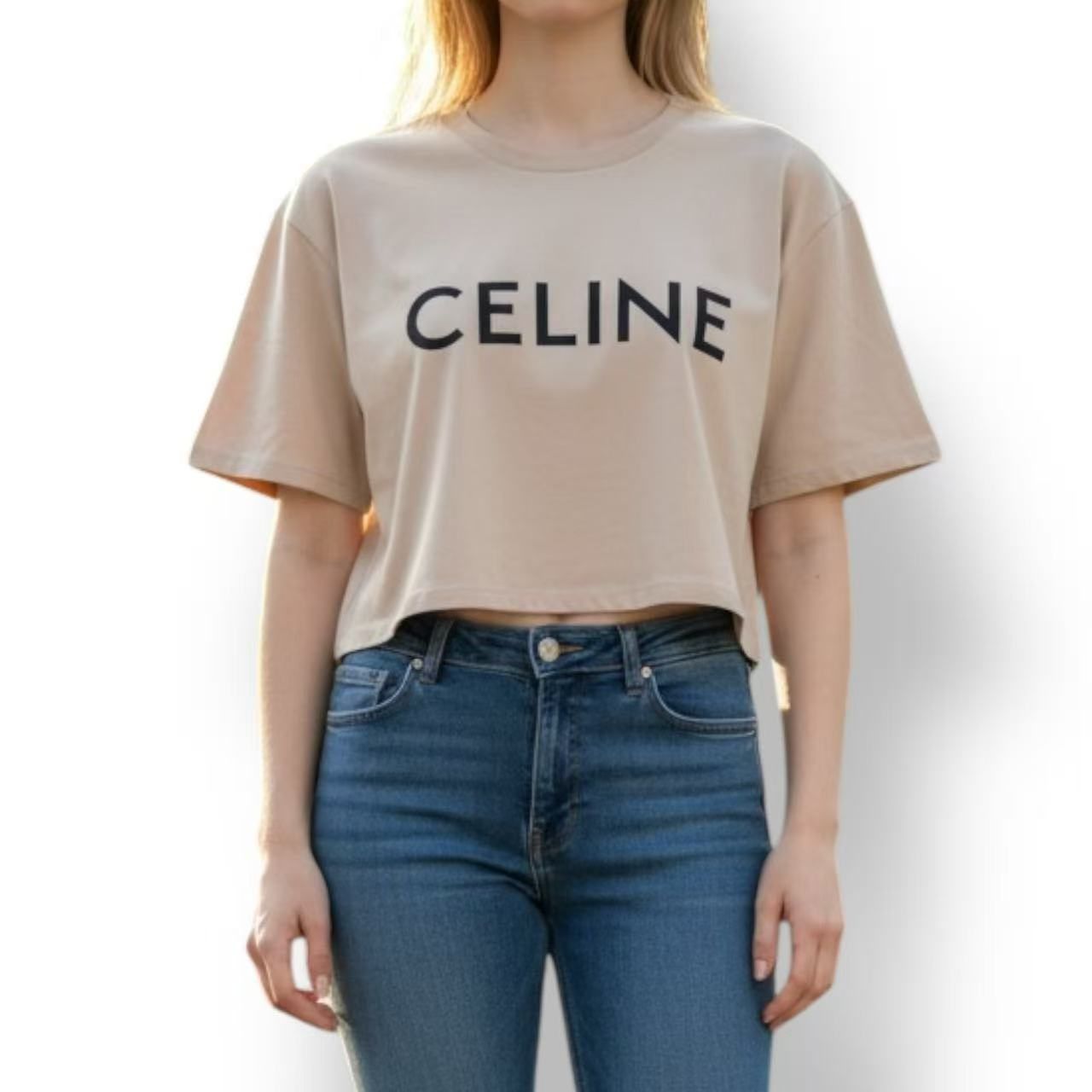Celine Cotton Cropped Logo T-Shirt Beige — view 3