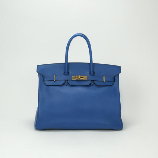 Hermes Birkin 35 Verso Tote Courchevel Blue France Gold Handbag Bicolor