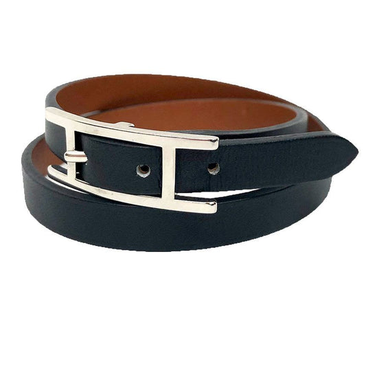 Hermes Hapi 3 Leather Bracelet Choker S Black Silver