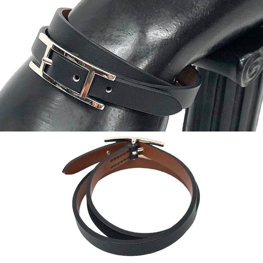 Hermes Hapi 3 Leather Bracelet Choker S Black Silver — view 2
