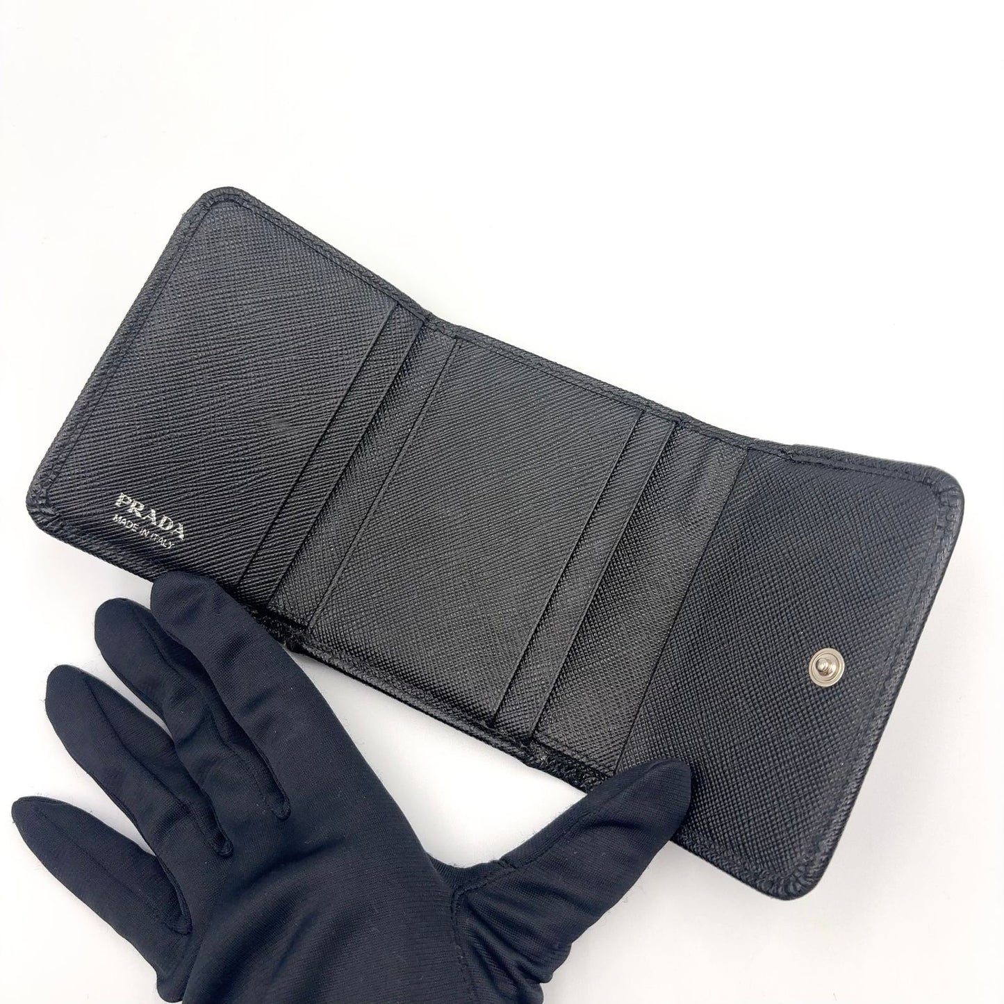 Prada New Arrivals Saffiano Triangle Leather Black Trifold Wallet Silver — view 3
