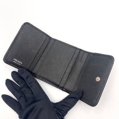 Prada New Arrivals Saffiano Triangle Leather Black Trifold Wallet Silver — view 3
