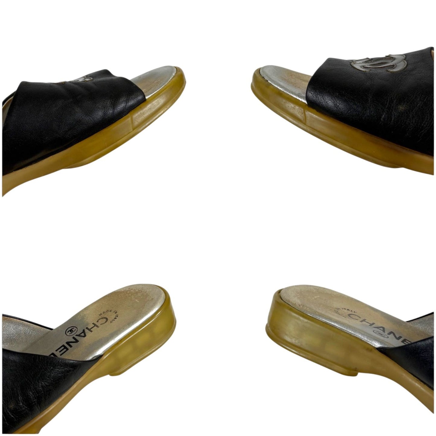 Chanel CC Logo Leather Slide Sandals Black — view 8