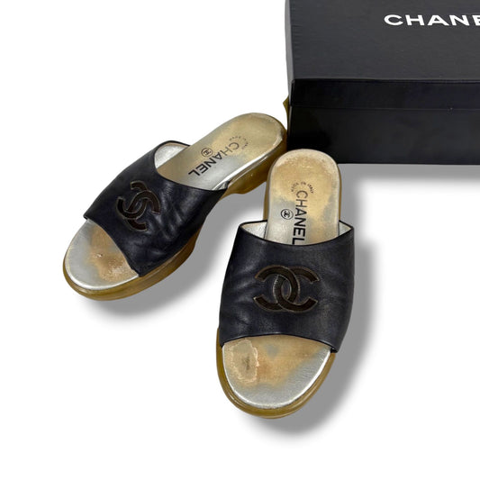 Chanel CC Logo Leather Slide Sandals Black