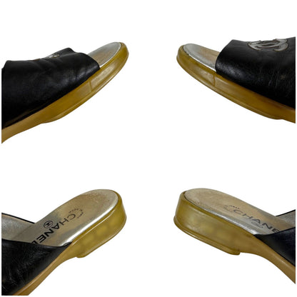 Chanel CC Logo Leather Slide Sandals Black — view 7