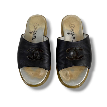 Chanel CC Logo Leather Slide Sandals Black — view 4