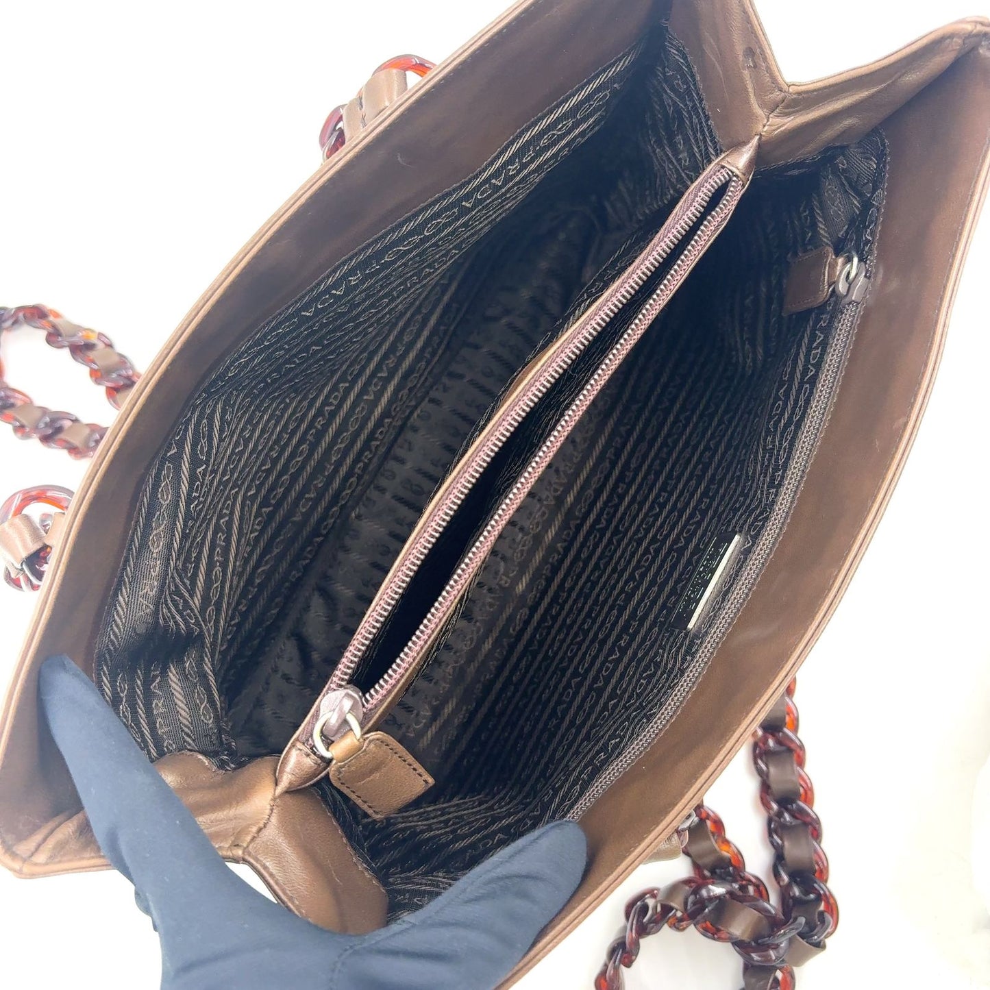 Prada Limited Tortoiseshell Chain Leather Brown Shoulder Bag Silver — view 3