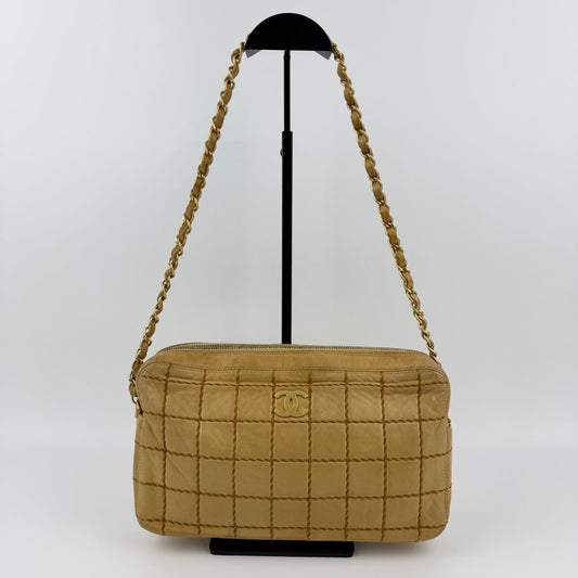 Chanel CC Logo Wild Stitch Choco Bar Chain Shoulder Bag Beige Leather Vintage