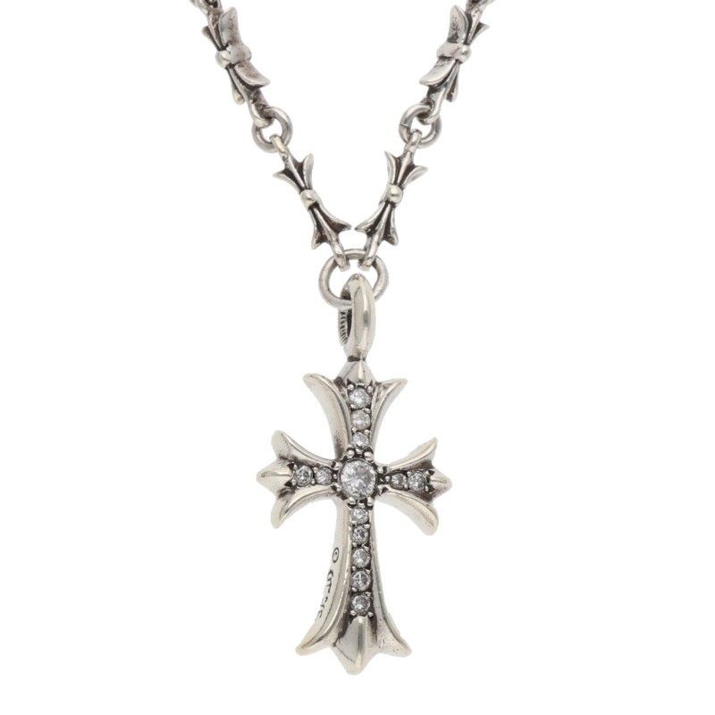 Chrome Hearts Fat Cross Tiny Bar Chain Pave Diamond Silver Necklace