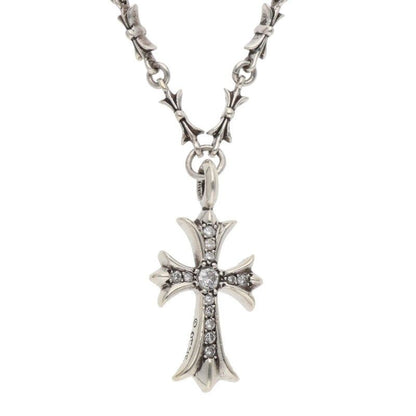 Chrome Hearts Fat Cross Tiny Bar Chain Pave Diamond Silver Necklace