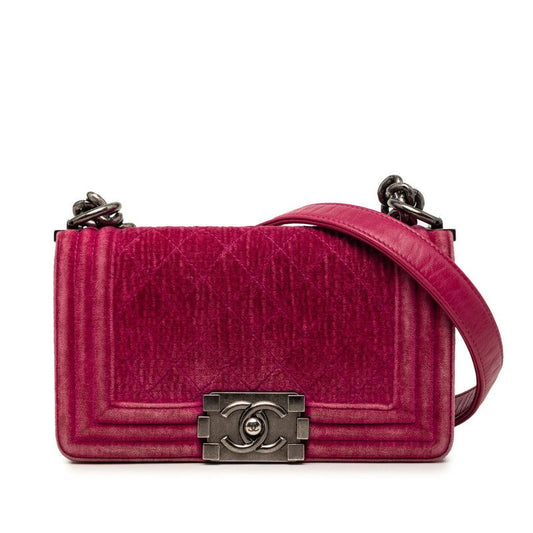 Chanel CC Logo Boy Chain Shoulder Bag Pink Velour Leather