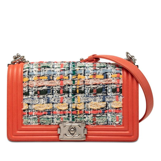 Chanel CC Logo Shoulder Bag Orange Multicolor Lambskin Tweed
