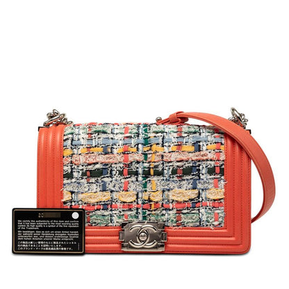 Chanel CC Logo Shoulder Bag Orange Multicolor Lambskin Tweed — view 7