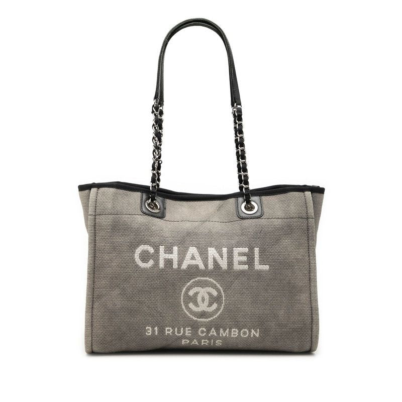 Chanel CC Logo Deauville MM Chain Tote Shoulder Bag Gray Canvas Leather