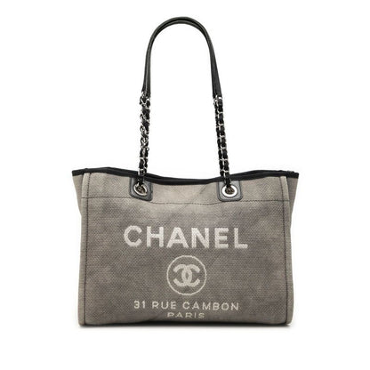 Chanel CC Logo Deauville MM Chain Tote Shoulder Bag Gray Canvas Leather