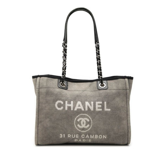 Chanel CC Logo Deauville MM Chain Tote Shoulder Bag Gray Canvas Leather